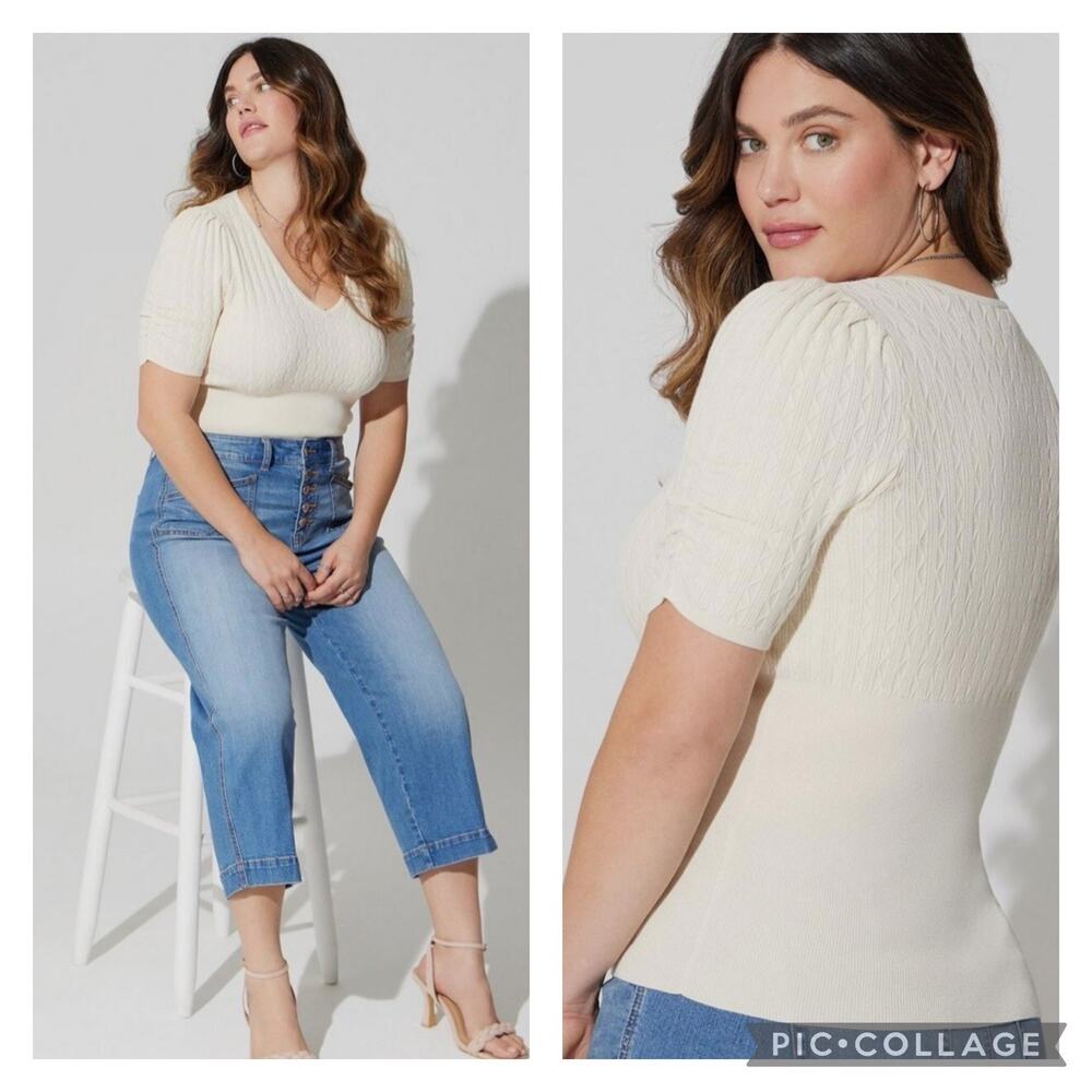 Torrid Cream Fitted Pullover Sweater Puff Sleeves V Neck Plus Size 3X